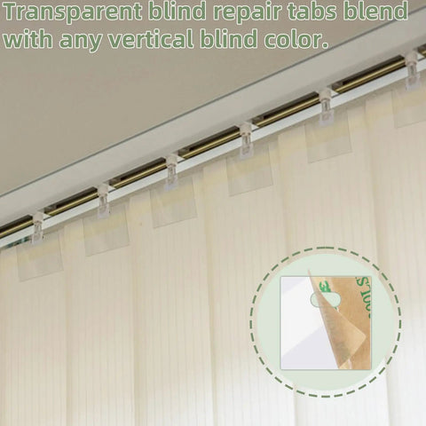 60 Piece Vertical Blind Repair Tabs Kit With Transparent PVC Adhesive Fixers for Replacement Slats installed on blinds