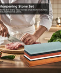 Go To Knife Sharpener Stone Set With Four Grit Waterstones 400 1000 3000 8000 on bamboo base in kitchen scene