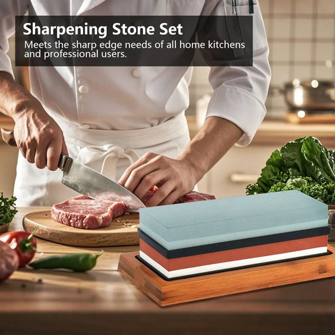 Go To Knife Sharpener Stone Set With Four Grit Waterstones 400 1000 3000 8000 on bamboo base in kitchen scene