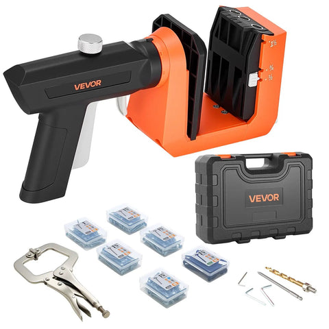 Pocket Hole Jig Kit for Woodworking with Adjustable Half Inch Three Quarters Inch One And A Half Inch Settings, screws, and tools
