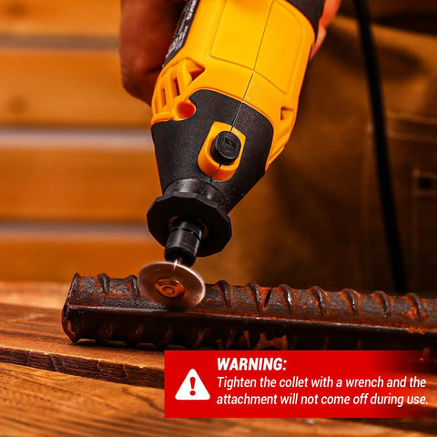 Close-up of Go-To Power Hand Rotary Tool Kit With Variable Speed 8000 To 35000 RPM cutting metal rod with flex shaft attachment.