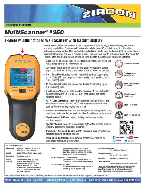 MultiScanner A250 stud finder wall scanner with LCD display, product features and specifications shown in detail on the packaging.