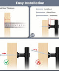 Easy installation guide for Matte Black Cabinet Pulls 5 Pack With 2.5 Inch Hole Centers, showing screw sizes and thickness measurements.
