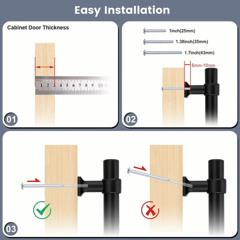 Easy installation guide for Matte Black Cabinet Pulls 5 Pack With 2.5 Inch Hole Centers, showing screw sizes and thickness measurements.