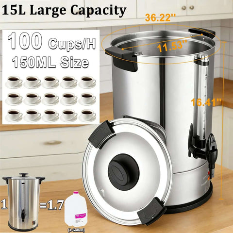 Commercial Coffee Urn for Big Batch 100 Cup Coffee Maker Stainless Steel 15L Large Capacity Hot Water Dispenser with measurements