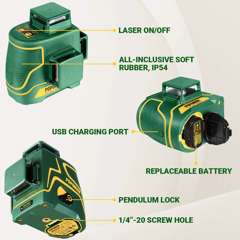Three 360 Degree Green Line Lasers Self Leveling Pro Grade Laser Level With USB Rechargeable 5200mAh Battery features shown