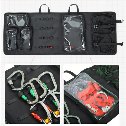 Climbing Quickdraw Hanging Storage Bag Foldable Carry Pouch with gear organization pockets, showcased open with climbing equipment.