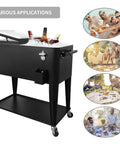 Oversized 80 Quart Rolling Cooler Cart With Wheels For Outdoor Parties And Backyard BBQs, showing ice-filled cart and surrounding events.