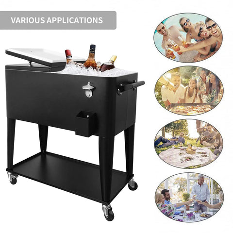 Oversized 80 Quart Rolling Cooler Cart With Wheels For Outdoor Parties And Backyard BBQs, showing ice-filled cart and surrounding events.