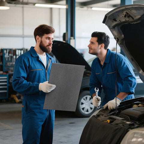 Two automotive technicians in blue coveralls inspect a gray gasket sheet near a car with open hood.