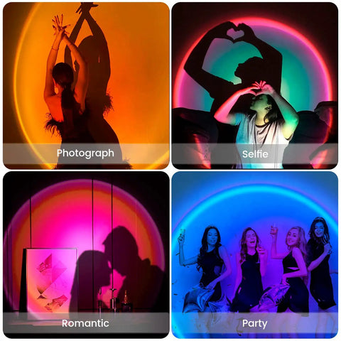 People enjoying Sunrise Mood Lamp With Remote, 16 Color Changing Sunset Projector For Bedroom, 4 Dynamic Modes in various settings