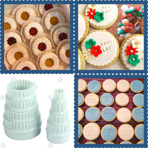 Crethinkaty 8-piece plastic two-sided round cookie cutter set; nesting rings shown with jam cookies.