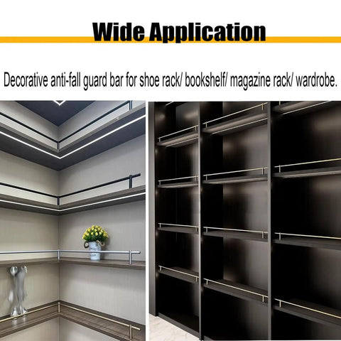 Decorative anti-fall guard bar for shoe rack, bookshelf, and wardrobe showcasing versatility in use.
