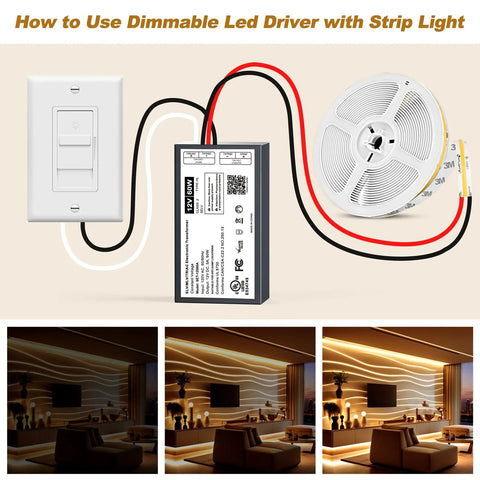 12V Dimmable LED Driver 60W Triac ELV MLV Transformer for LED Strips and Modules Smooth Flicker Free Dimming with Lutron and Leviton Switches Plug And Play Power Supply for Modern Accent Lighting, wired to strip light