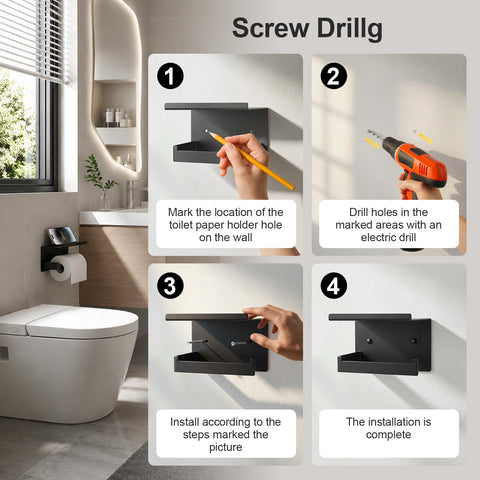 Installation steps for Rock Solid Matte Black Toilet Paper Holder With Storage Shelf Wall Mount For Bathrooms Fits Mega Rolls.
