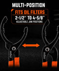 12 Inch Adjustable Oil Filter Pliers For Cars Trucks And Motorcycles With A 20 Degree Angled Jaw, Fits Oil Filters From Two And A Half Inches To Four And Five Eighths Inches, Orange Gearhead Ready Pro Grade Wrench Removal Tool For Quick Grips, shown with multi-position jaw feature in store display