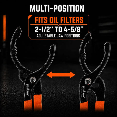 12 Inch Adjustable Oil Filter Pliers For Cars Trucks And Motorcycles With A 20 Degree Angled Jaw, Fits Oil Filters From Two And A Half Inches To Four And Five Eighths Inches, Orange Gearhead Ready Pro Grade Wrench Removal Tool For Quick Grips, shown with multi-position jaw feature in store display