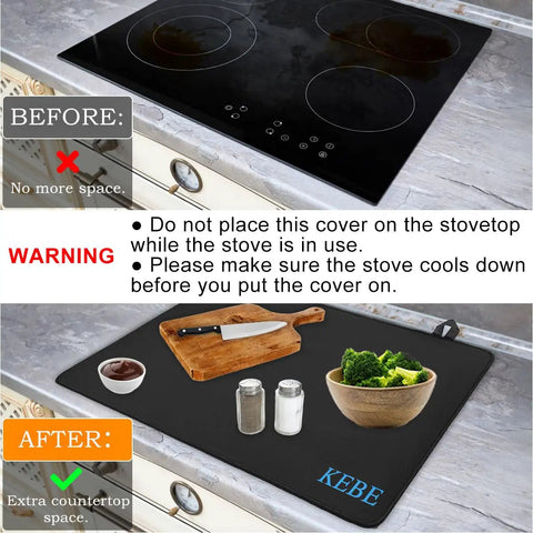 Stovetop Protector Mat For Glass And Ceramic Cooktops, Heat Resistant Silicone Thick Induction Cover, 28.5 By 20.5 Inches showing before and after use.