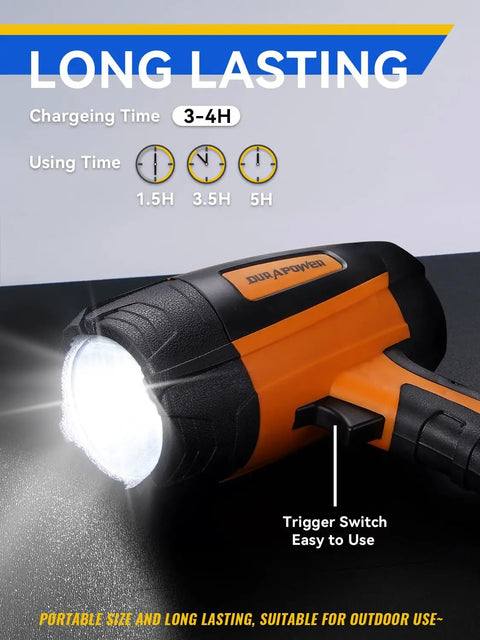 Rechargeable Spotlight With Beast Mode Bright LED Beam, IPX2 Waterproof Handheld Flashlight shown in vibrant orange
