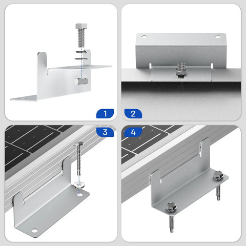 Diagram of 16 Piece Solar Panel Mounting Bracket Kit With Z Brackets Lightweight Aluminum Corrosion Free Construction Perfect For RVs Trailers Vans Yachts And Off Grid Roof Installations showing installation steps.