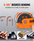 VEVOR Manual Pipe Tube Bender For 3/8 To 1 Inch Od Copper And Aluminum Lines With Seven Bending Dies showing 0-180 degrees bending capability.