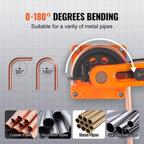 VEVOR Manual Pipe Tube Bender For 3/8 To 1 Inch Od Copper And Aluminum Lines With Seven Bending Dies showing 0-180 degrees bending capability.
