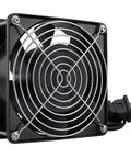 Axial 120mm Cooling Fan 12038, 110V AC, showing metal grill and power plug, features dual ball bearings for electronics and projects.
