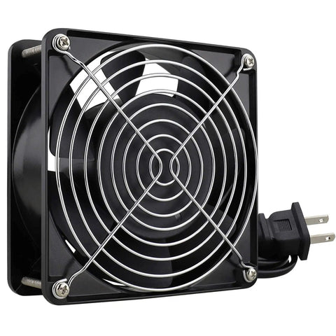 Axial 120mm Cooling Fan 12038, 110V AC, showing metal grill and power plug, features dual ball bearings for electronics and projects.