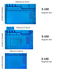 Comparison of three blue silicone soldering mats in different sizes with magnetic parts layout and built-in ruler.