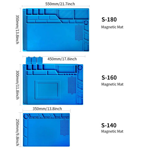 Comparison of three blue silicone soldering mats in different sizes with magnetic parts layout and built-in ruler.