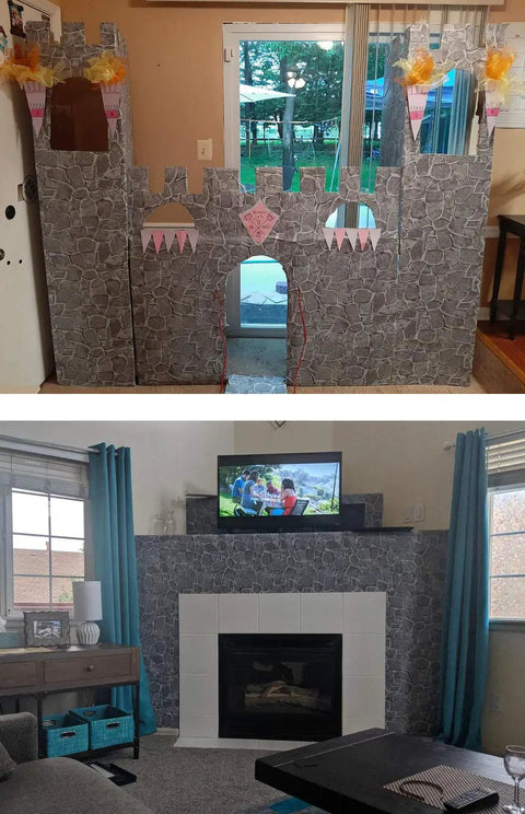 Dark Grey Castle Stone Peel And Stick Wallpaper Roll 20m Self Adhesive Rock Texture Wall Covering on play castle and fireplace.