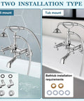 Polished Chrome Clawfoot Tub Faucet Set With Handheld Shower Wall Mount Tub Filler Two Cross Handles And Tub Spout Victorian Style Waterfall Flow Adjustable Center 3 To 9 Inches shown in wall and tub mount