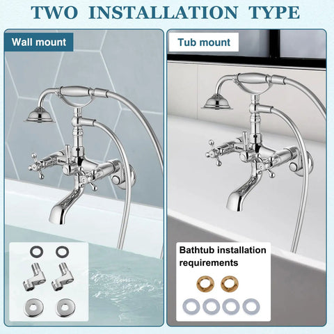 Polished Chrome Clawfoot Tub Faucet Set With Handheld Shower Wall Mount Tub Filler Two Cross Handles And Tub Spout Victorian Style Waterfall Flow Adjustable Center 3 To 9 Inches shown in wall and tub mount