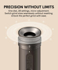 Close-up of Fino Portable Electric Coffee Grinder with 28 grind settings, precision dial and micro-adjustment highlighted.