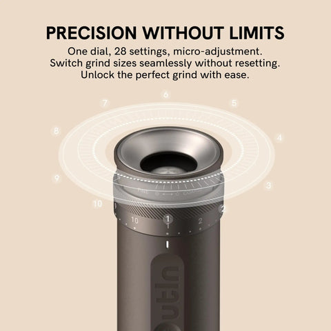 Close-up of Fino Portable Electric Coffee Grinder with 28 grind settings, precision dial and micro-adjustment highlighted.
