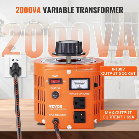 Built Tough 2000VA AC Voltage Regulator Step Up Down Transformer 110V Input with adjustable output settings on a workbench.