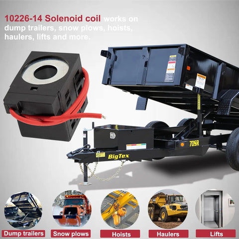 12V DC Solenoid Coil 10226-14 for Hydraulic Power Unit Lift Dump Systems, 16W, 9 Ohms, single wire lead, shown with application images