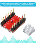 Red Dope 10 Pack Stepper Motor Driver Modules With Heat Sinks For A4988, showing pins and included heat sink.