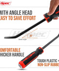 Beefy 8 Inch Pry Bar With Ergonomic Non Slip Handle And Striking Cap, angle head visible, showing carbon steel build