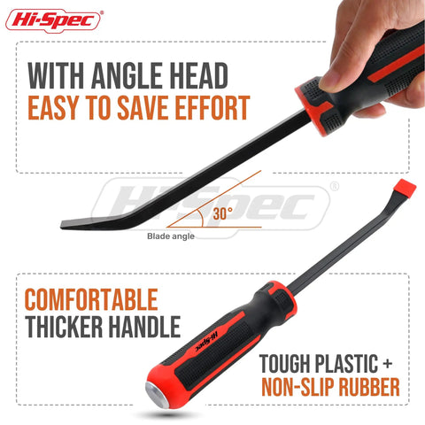Beefy 8 Inch Pry Bar With Ergonomic Non Slip Handle And Striking Cap, angle head visible, showing carbon steel build