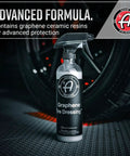 Graphene Tire Dressing for Deep Black Satin Finish bottle with tire, non greasy detailing solution, advanced graphene formula