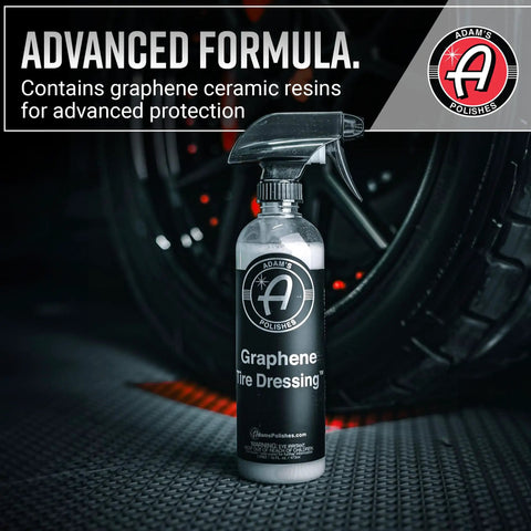 Graphene Tire Dressing for Deep Black Satin Finish bottle with tire, non greasy detailing solution, advanced graphene formula