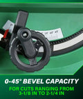 Close-up of Beast Mode 10 Inch Table Saw With 15 Amp Motor bevel capacity gauge and angle adjuster