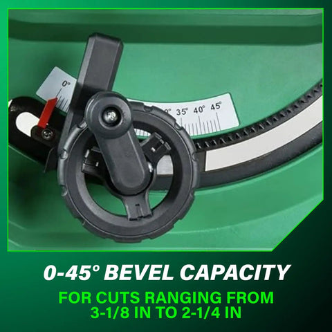 Close-up of Beast Mode 10 Inch Table Saw With 15 Amp Motor bevel capacity gauge and angle adjuster