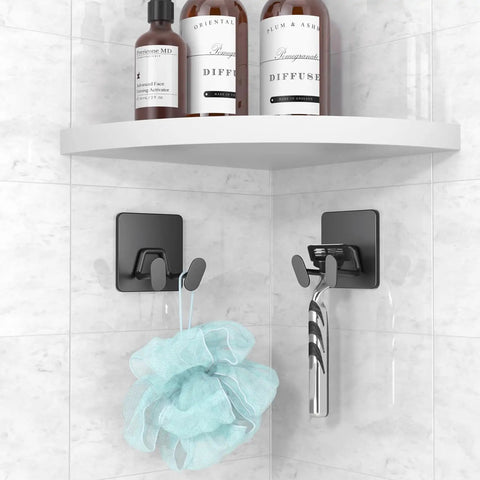 No Fuss Adhesive Shower Hooks Heavy Duty Stainless Steel Wall Mounted Double Hanger In Matte Black With Extra Sticky And Tough As Nails Grip For Razors Loofahs 4 Pack