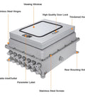Explosion-proof waterproof outdoor electrical box with internal mounting panel and hinged cover, 60x70x22 cm.