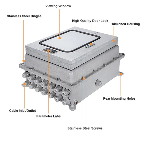 Explosion-proof waterproof outdoor electrical box with internal mounting panel and hinged cover, 60x70x22 cm.
