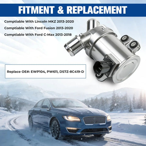 Fresh Electric Engine Cooling Water Pump Fits Lincoln Mkz Ford Fusion C Max 2013 To 2020 showing compatibility details and design features.
