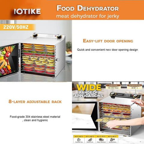 Heavy Duty Workhorse Stainless Steel Freeze Dryer And Electric Food Dehydrator With Smart 12 Hour Countdown Timer and 8-layer adjustable rack with various foods drying.