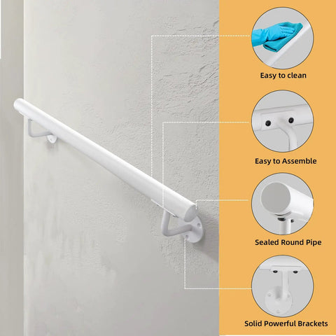 Built Like A Tank Two Foot White Steel Stair Railing With Heavy Duty Wall Mount Brackets To Keep Your Footing Locked Down on a textured wall.
